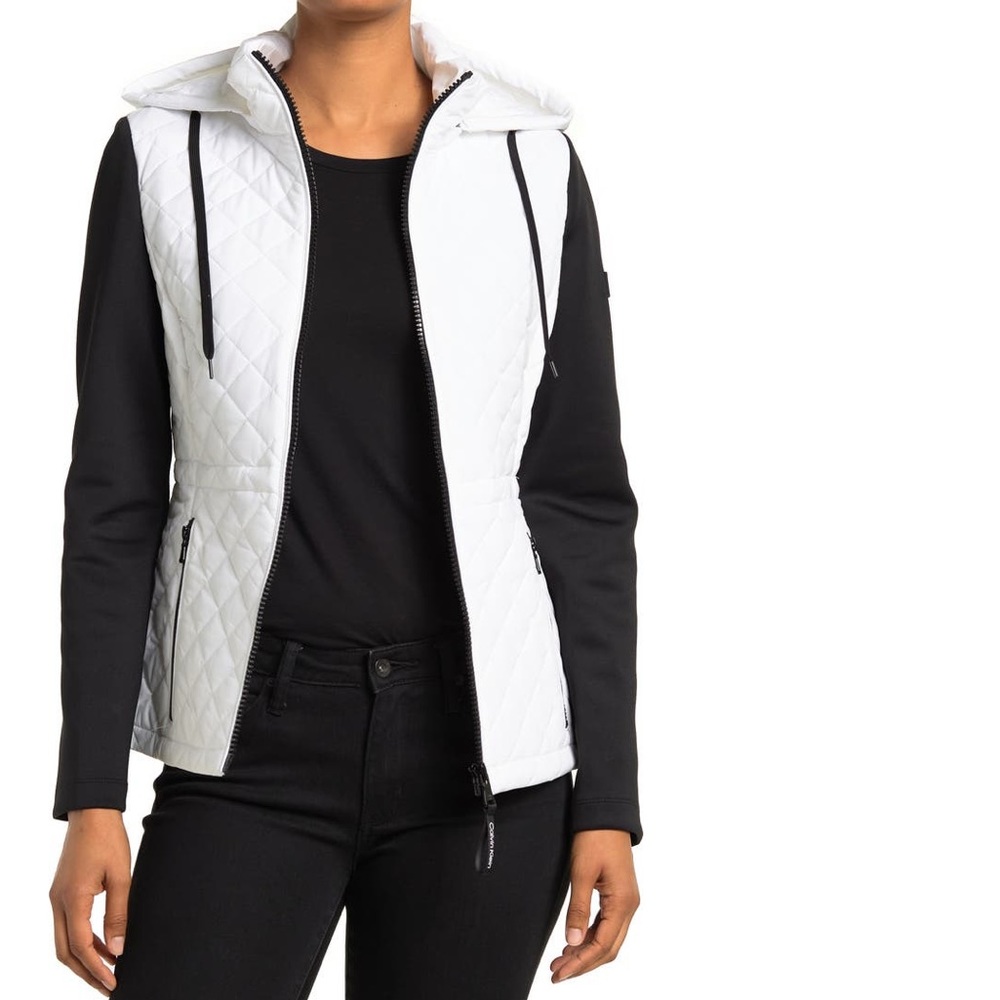Calvin Klein Black & White Block Quilted Hooded Zip Up Jacket - Duplicate